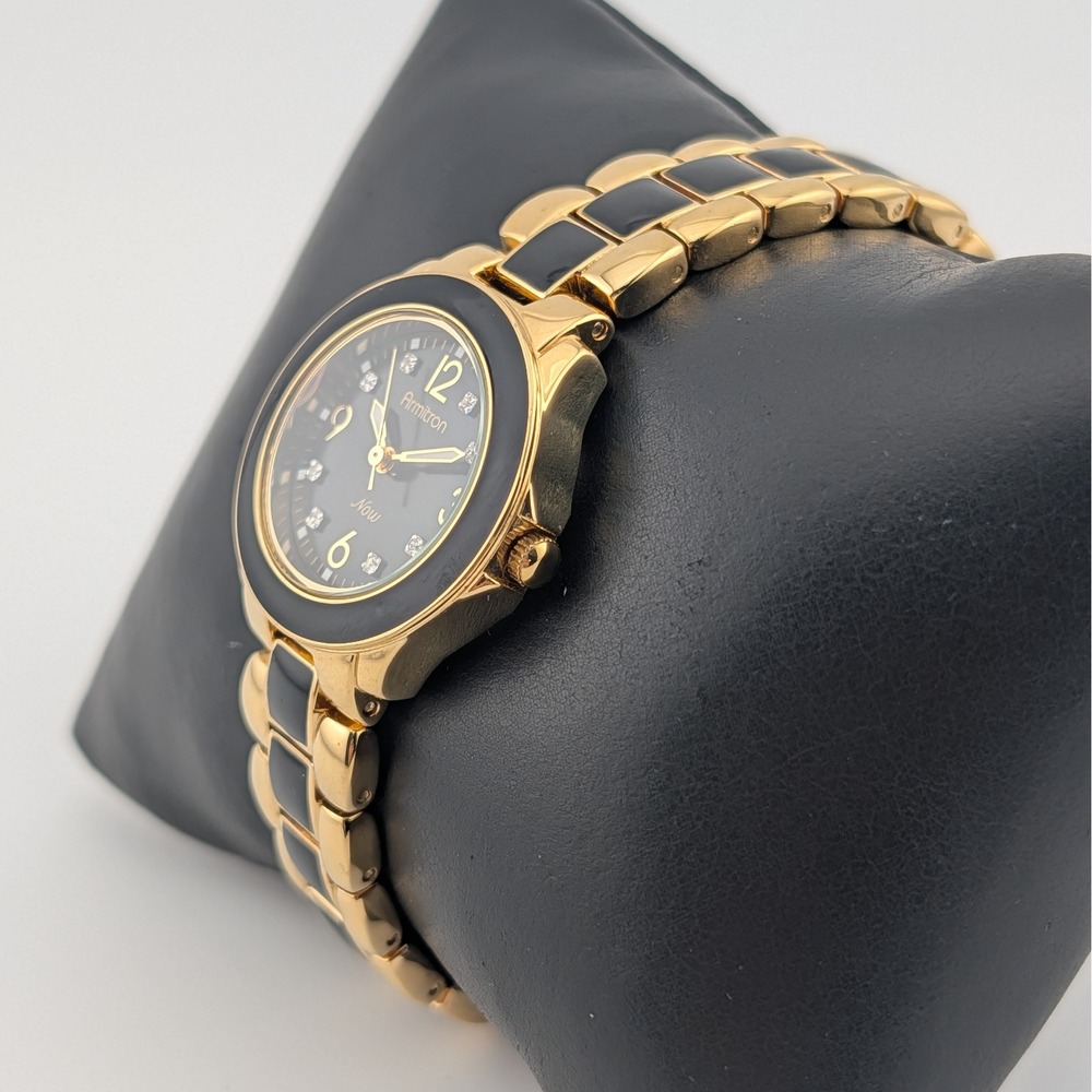 Armitron Now Gold Tone Black Enamel Crystal Accent Womens Watch - Picture 4 of 10